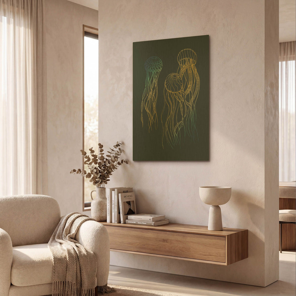 'Sealife Blue And Gold Jellyfishes' By Sabrina Balbuena Gold Metal Wall Art