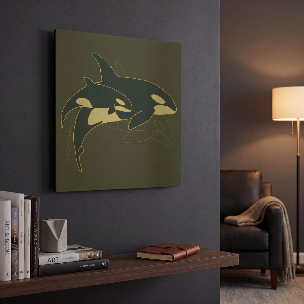 'Sealife Blue And Gold Killer Whales' By Sabrina Balbuena Gold Metal Wall Art