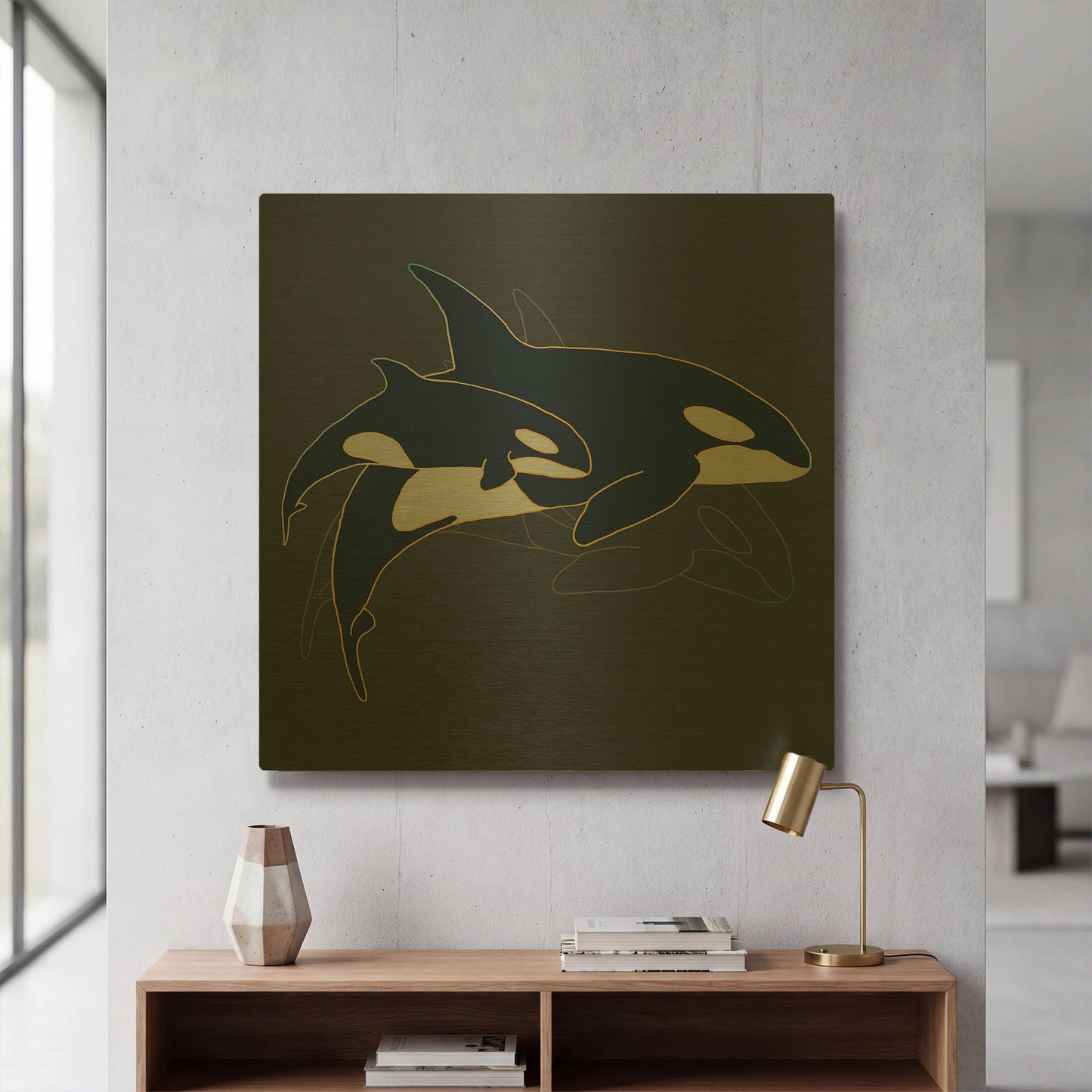 'Sealife Blue And Gold Killer Whales' By Sabrina Balbuena Gold Metal Wall Art