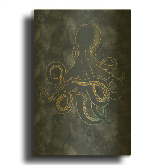 'Sealife Blue And Gold Giant Octopus' By Sabrina Balbuena Gold Metal Wall Art