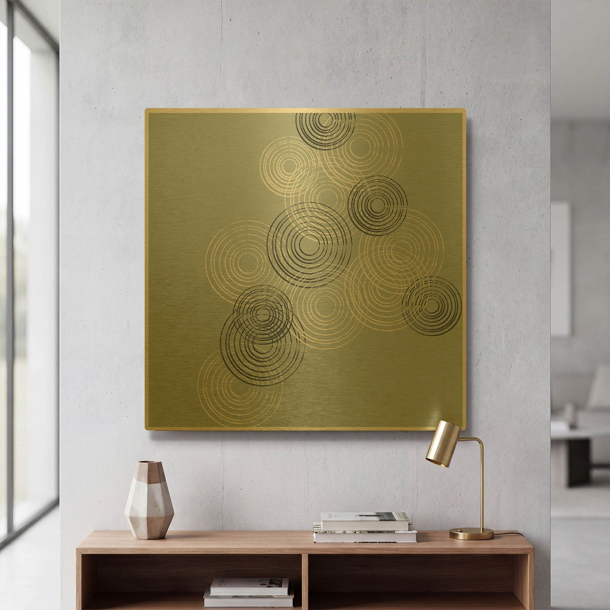 'Blue And White Big Abstractred Woven Circles' By Sabrina Balbuena Gold Metal Wall Art