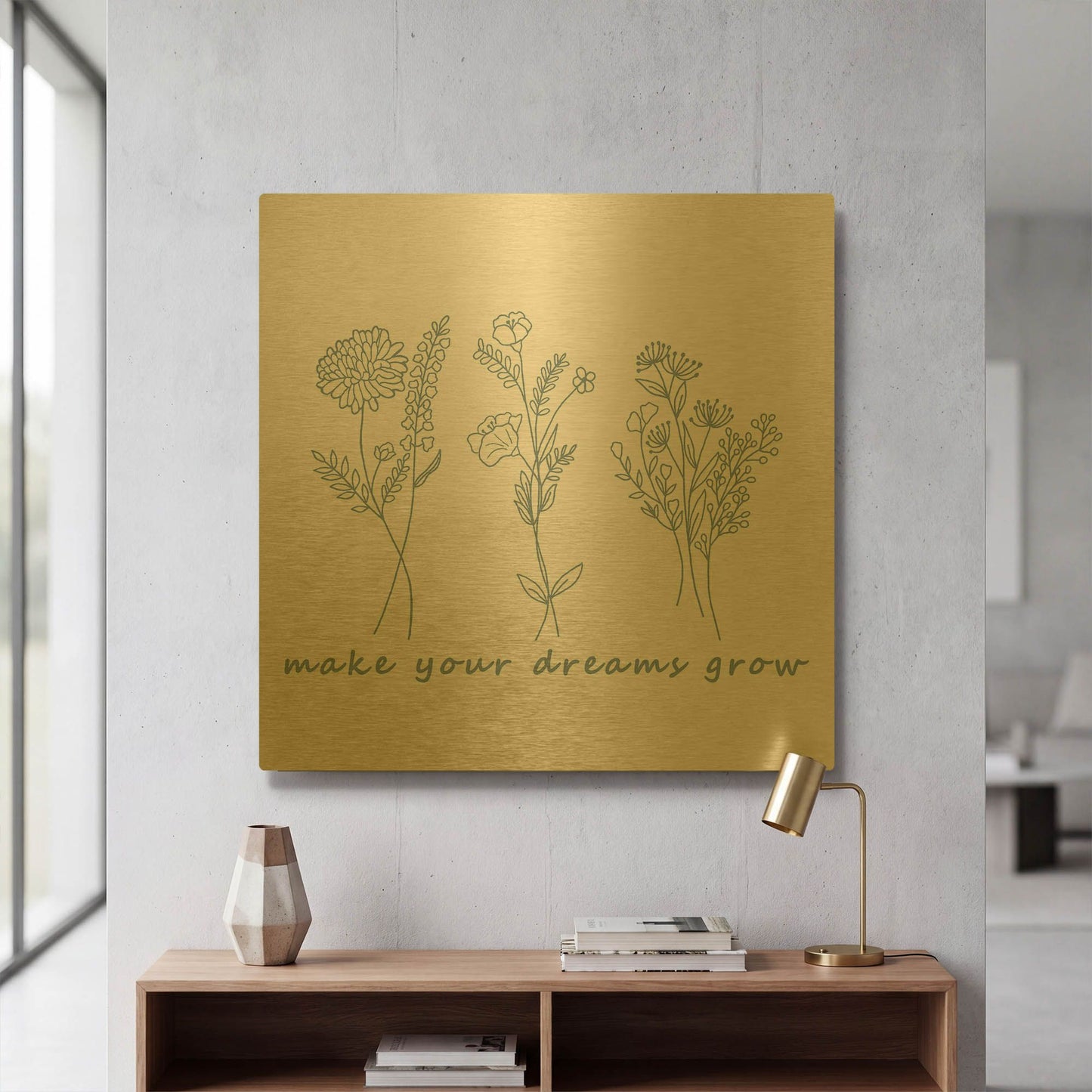 'Pure Handrawn Linear Floral' By Sabrina Balbuena Gold Metal Wall Art