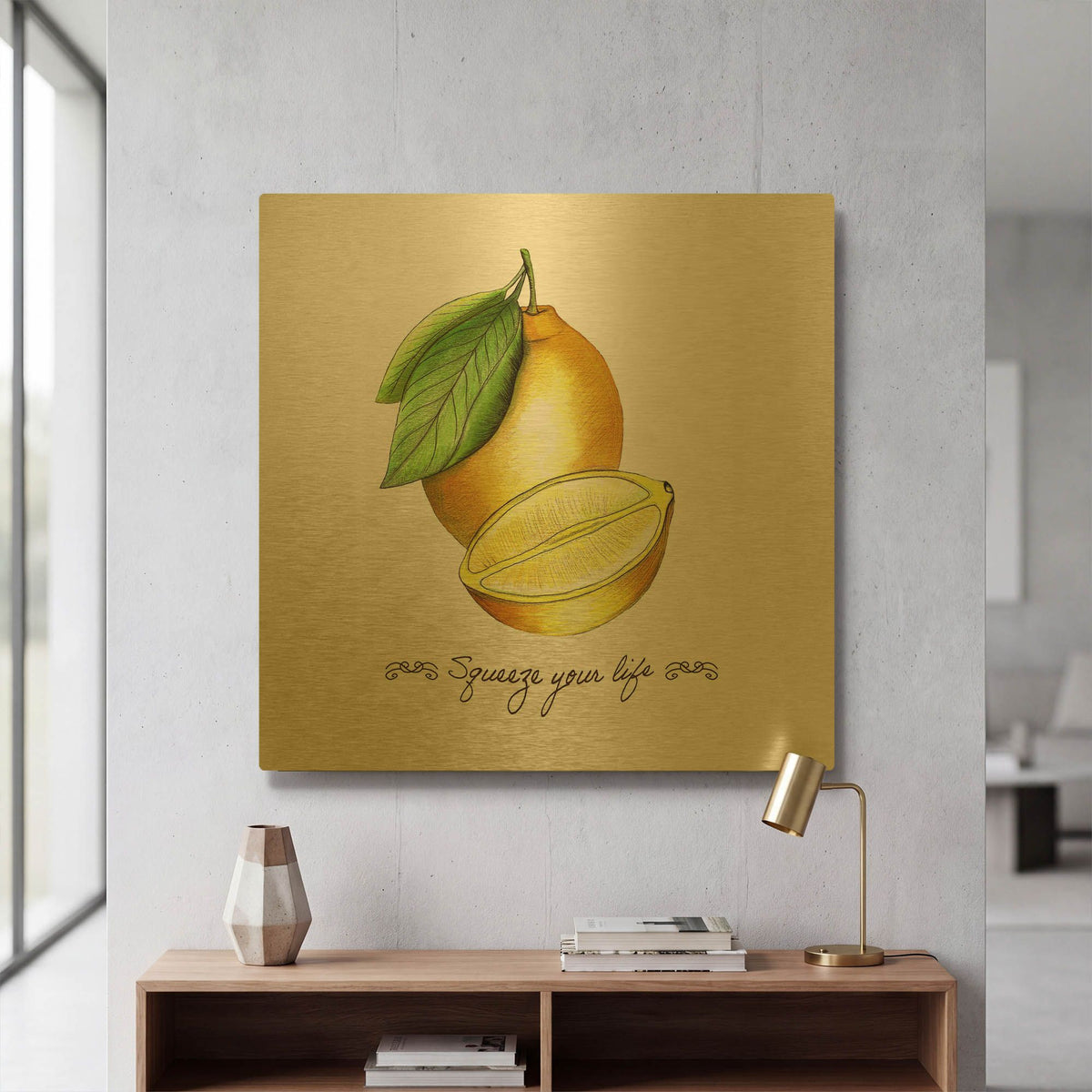 'Illuminating Lemon And Positive Phrase' By Sabrina Balbuena Gold Metal Wall Art