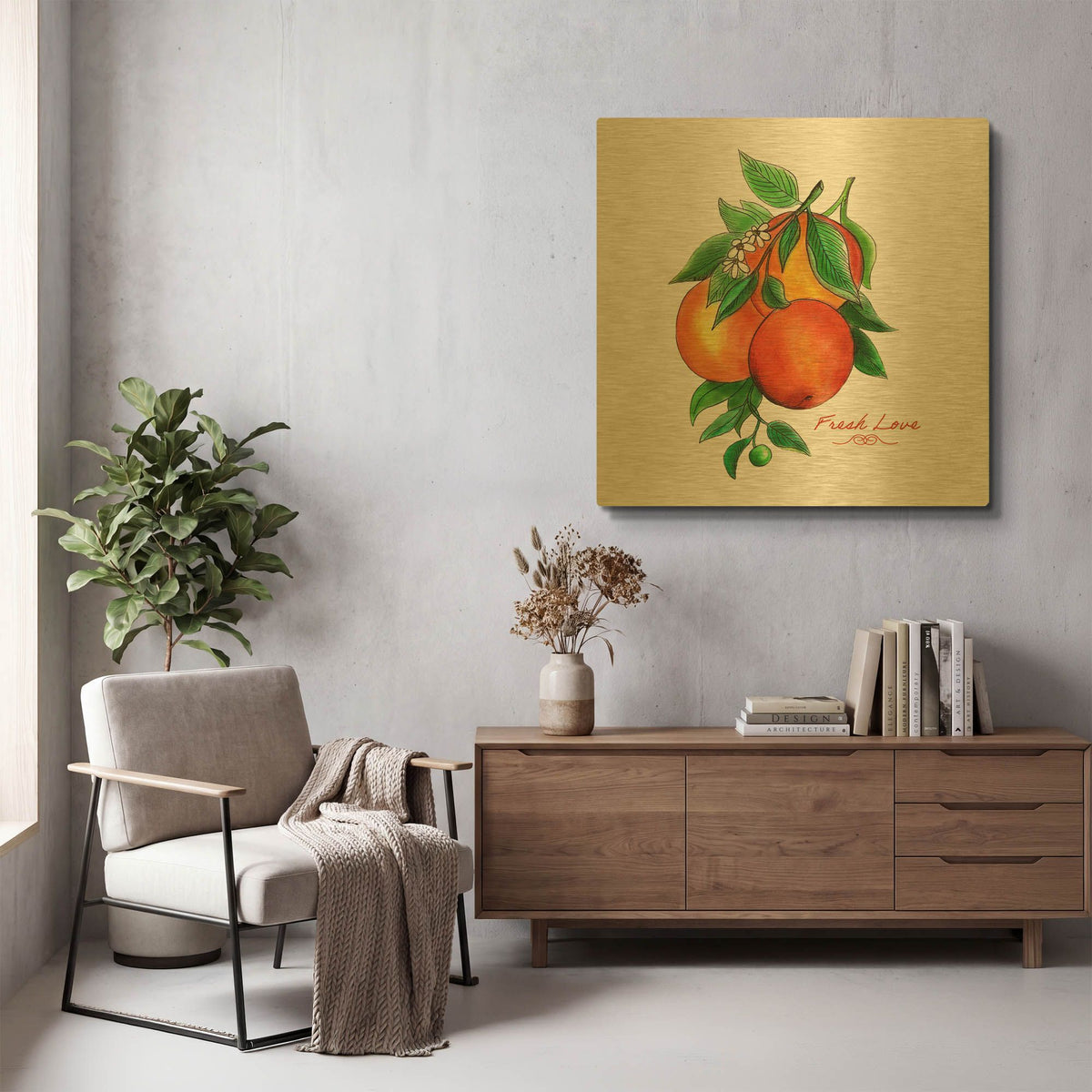 'Illuminating Oranges And Phrase' By Sabrina Balbuena Gold Metal Wall Art