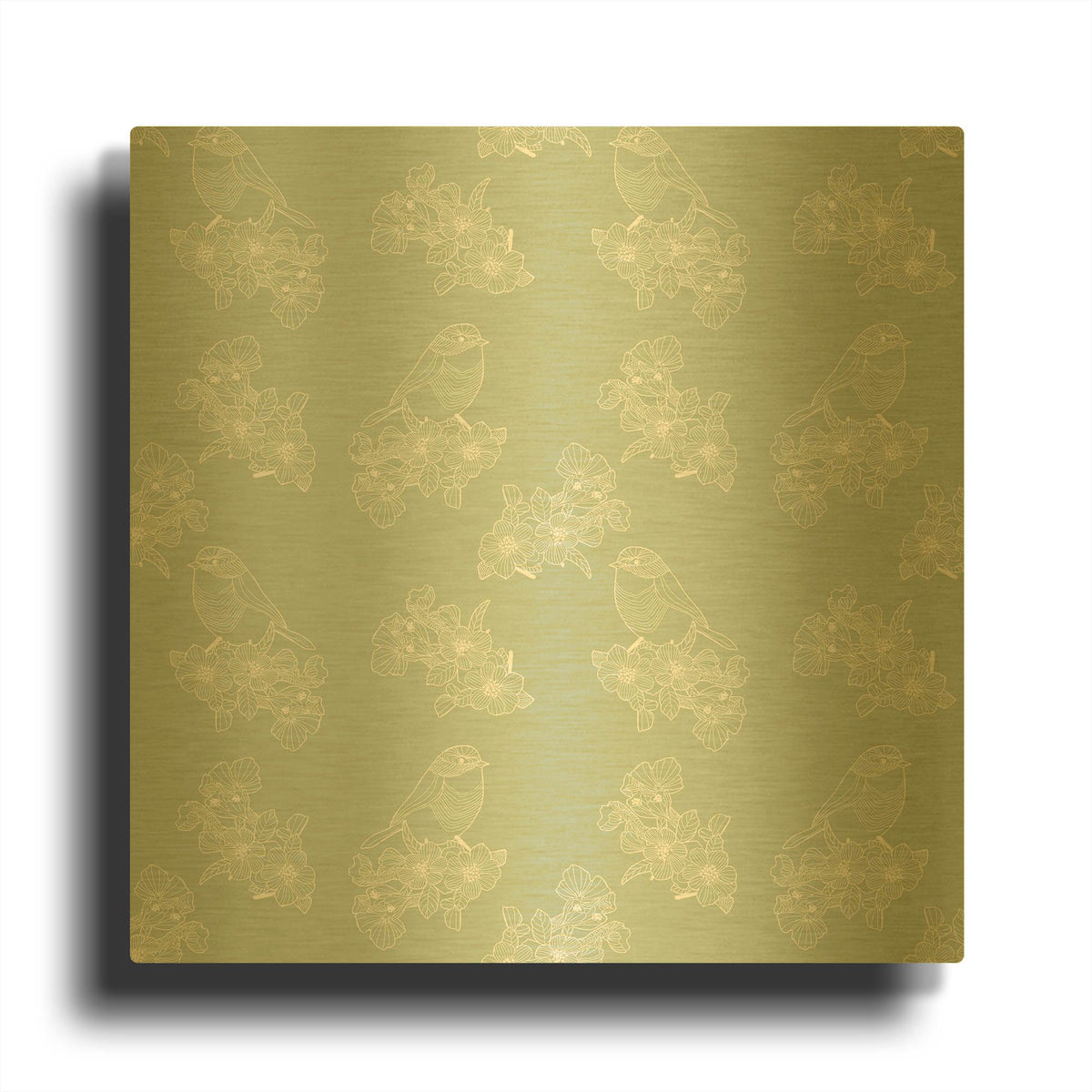 'Pure Robin Bird Floral Pattern Green Background' By Sabrina Balbuena Gold Metal Wall Art