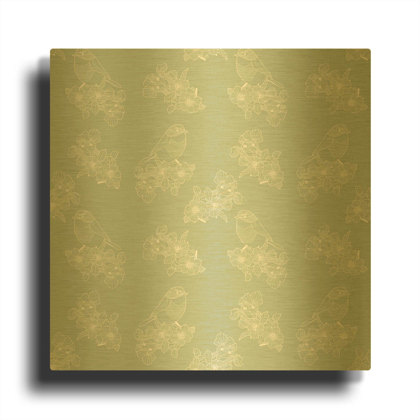 'Pure Robin Bird Floral Pattern Green Background' By Sabrina Balbuena Gold Metal Wall Art