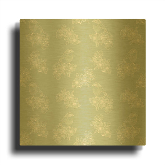 'Pure Robin Bird Floral Pattern Green Background' By Sabrina Balbuena Gold Metal Wall Art