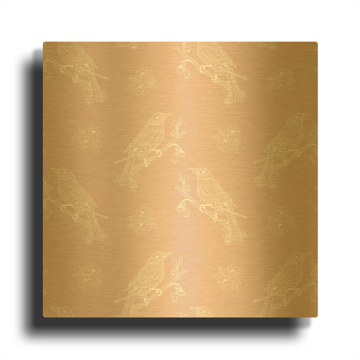 'Pure Bird On A Branch Pattern Pink Background' By Sabrina Balbuena Gold Metal Wall Art