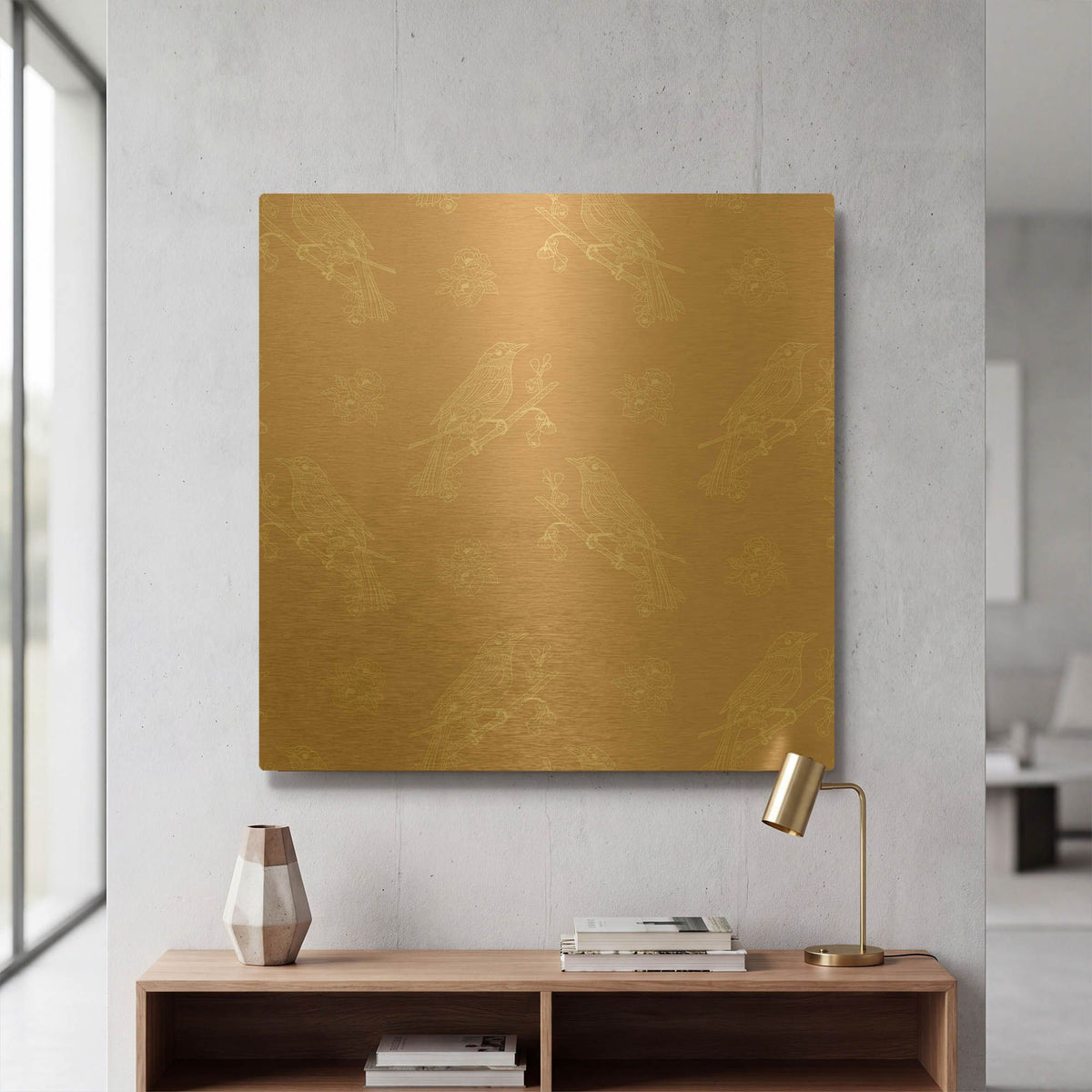 'Pure Bird On A Branch Pattern Pink Background' By Sabrina Balbuena Gold Metal Wall Art
