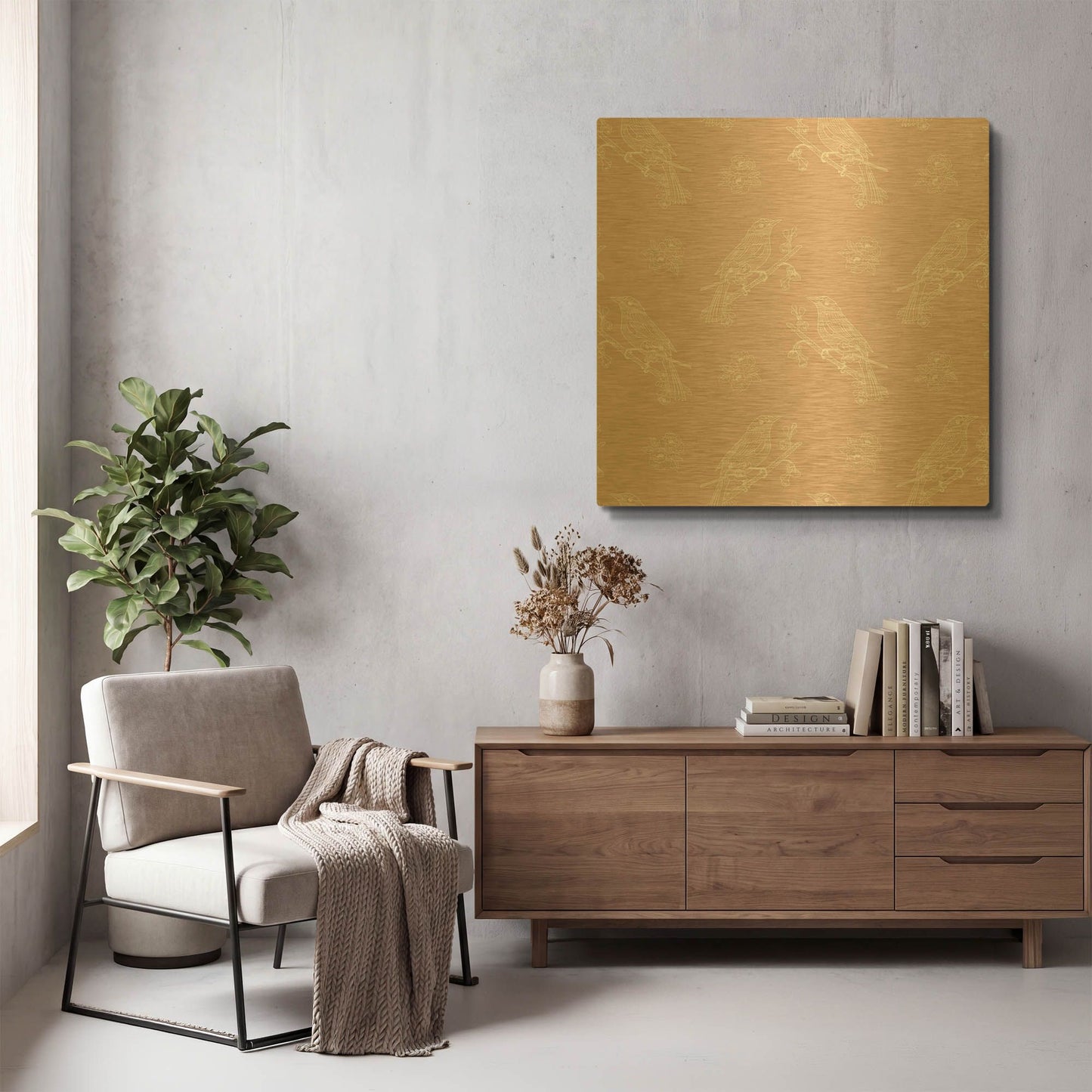 'Pure Bird On A Branch Pattern Pink Background' By Sabrina Balbuena Gold Metal Wall Art