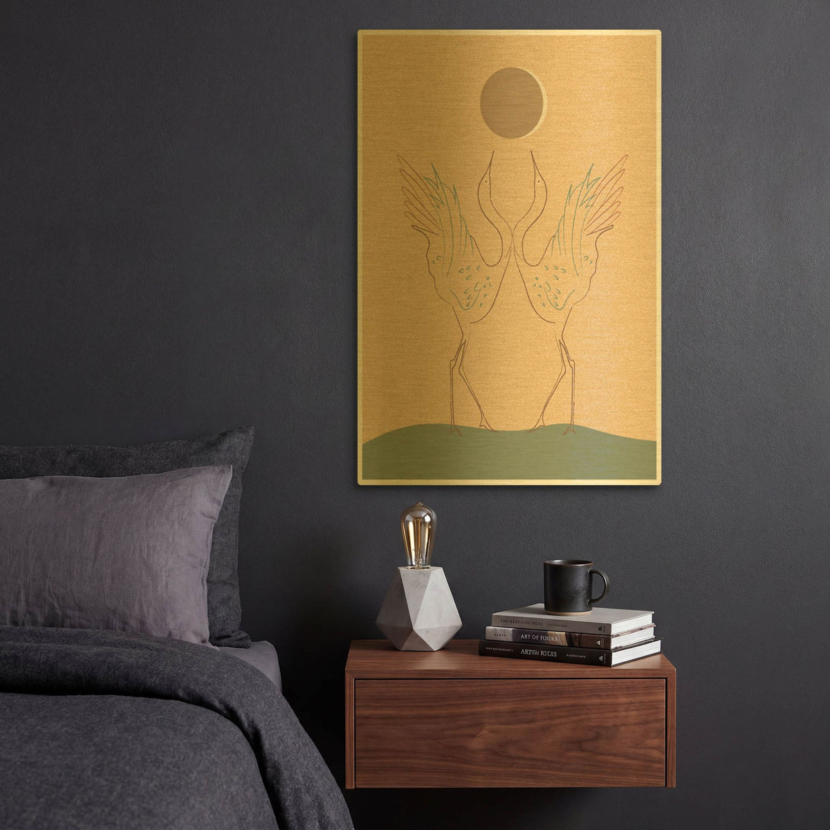 'Japanese Art Two Cranes With Moon' By Sabrina Balbuena Gold Metal Wall Art