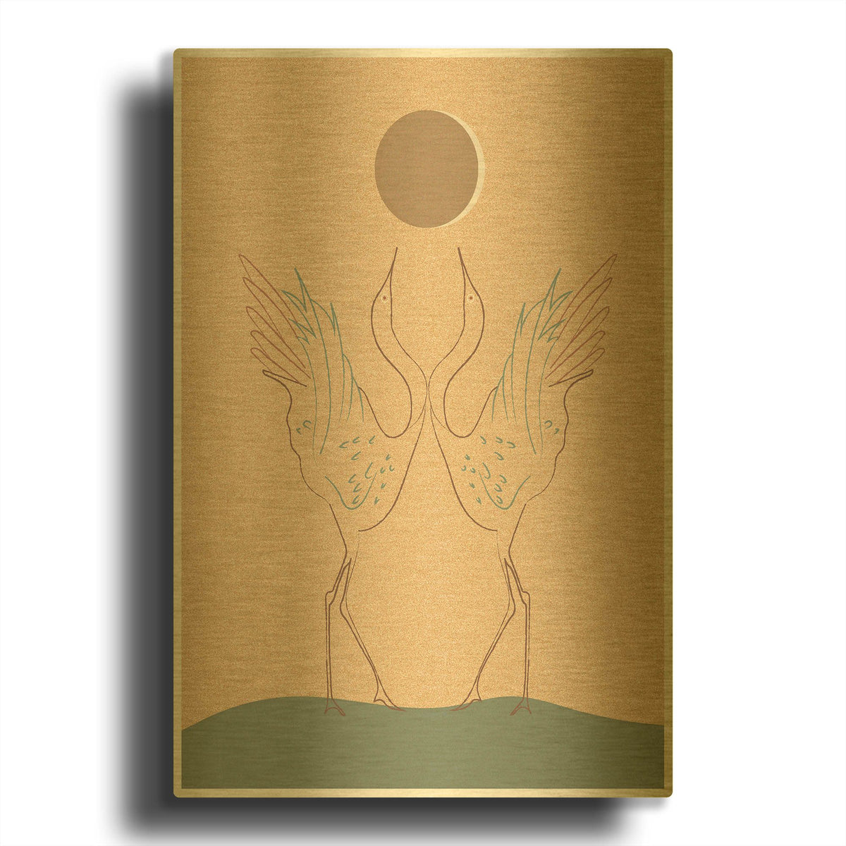'Japanese Art Two Cranes With Moon' By Sabrina Balbuena Gold Metal Wall Art