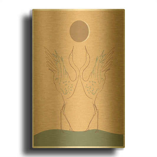'Japanese Art Two Cranes With Moon' By Sabrina Balbuena Gold Metal Wall Art