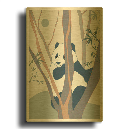'Japanese Art Panda On Top Of The Tree' By Sabrina Balbuena Gold Metal Wall Art