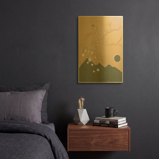 'Japanese Art Peacock On The Tree' By Sabrina Balbuena Gold Metal Wall Art