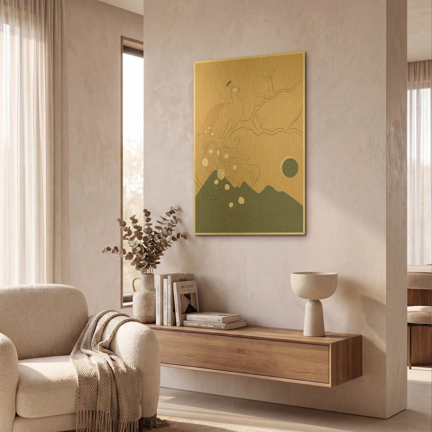 'Japanese Art Peacock On The Tree' By Sabrina Balbuena Gold Metal Wall Art