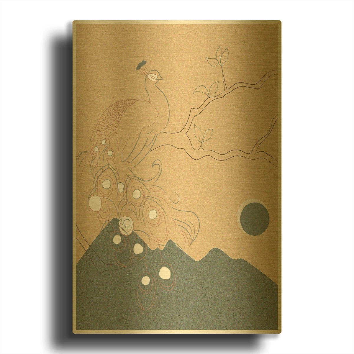 'Japanese Art Peacock On The Tree' By Sabrina Balbuena Gold Metal Wall Art