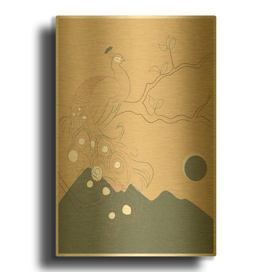 'Japanese Art Peacock On The Tree' By Sabrina Balbuena Gold Metal Wall Art
