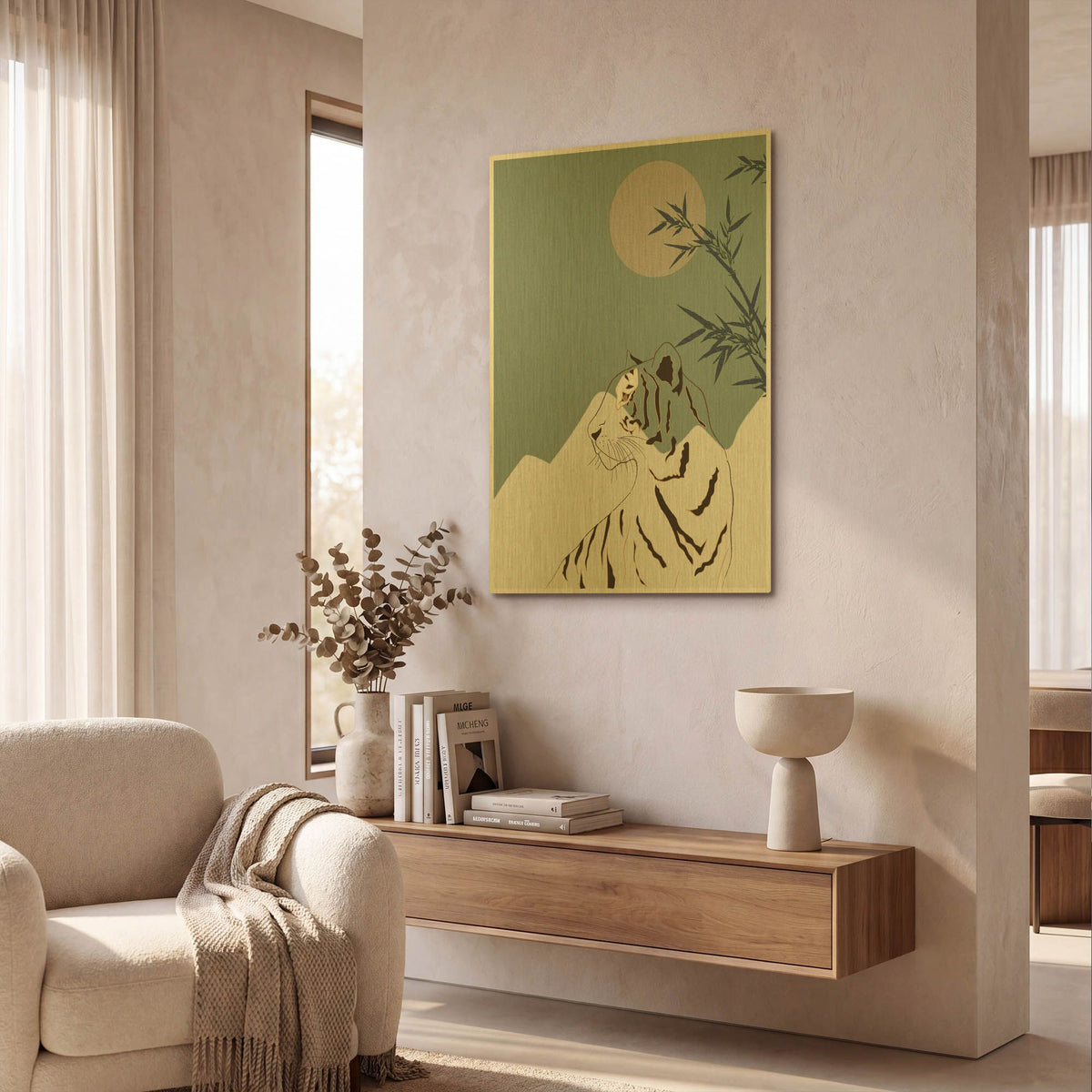 'Japanese Art White Tiger' By Sabrina Balbuena Gold Metal Wall Art