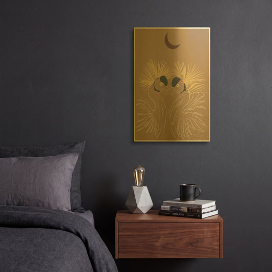 'Japanese Art Two Crowned Cranes And The Moon' By Sabrina Balbuena Gold Metal Wall Art