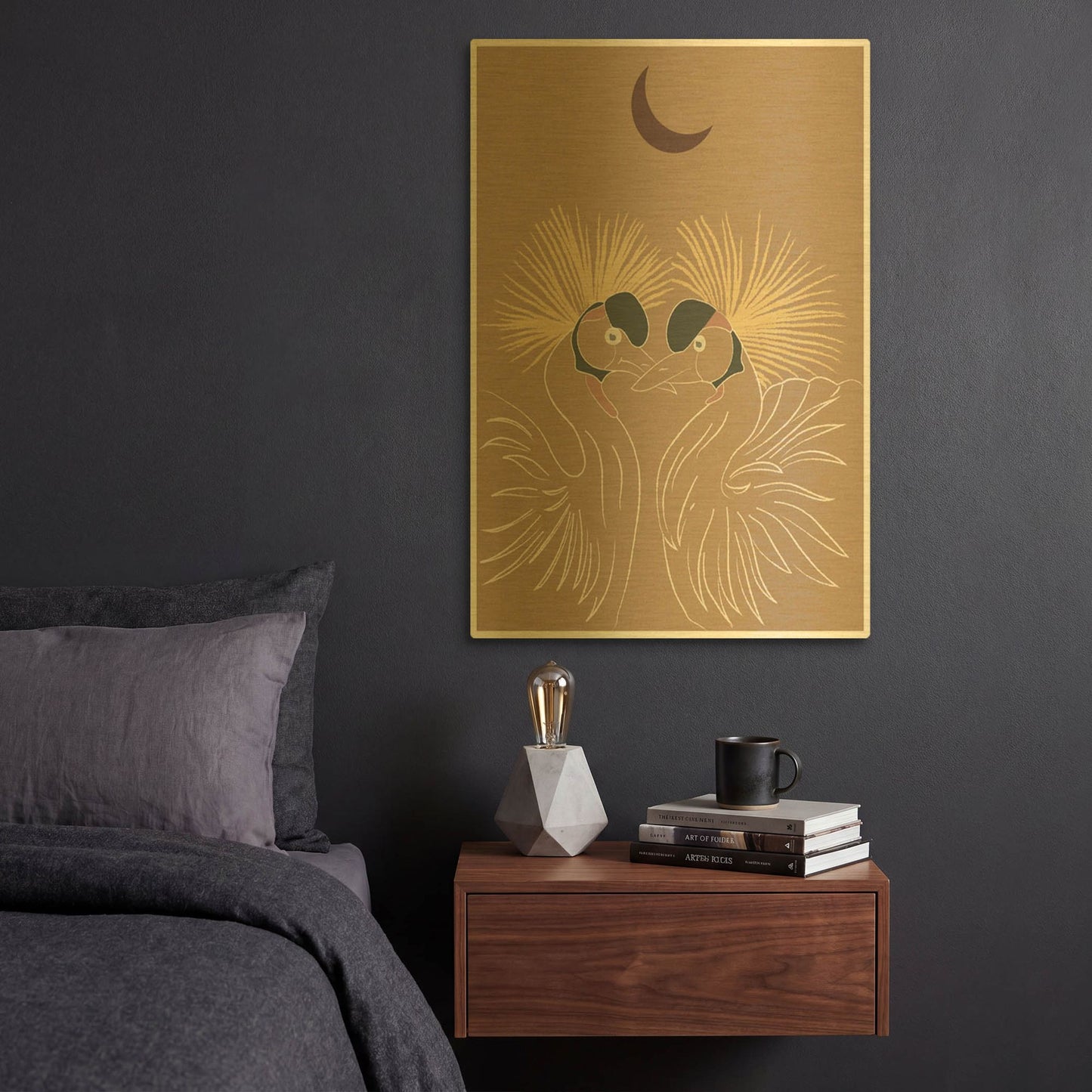 'Japanese Art Two Crowned Cranes And The Moon' By Sabrina Balbuena Gold Metal Wall Art
