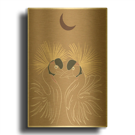 'Japanese Art Two Crowned Cranes And The Moon' By Sabrina Balbuena Gold Metal Wall Art