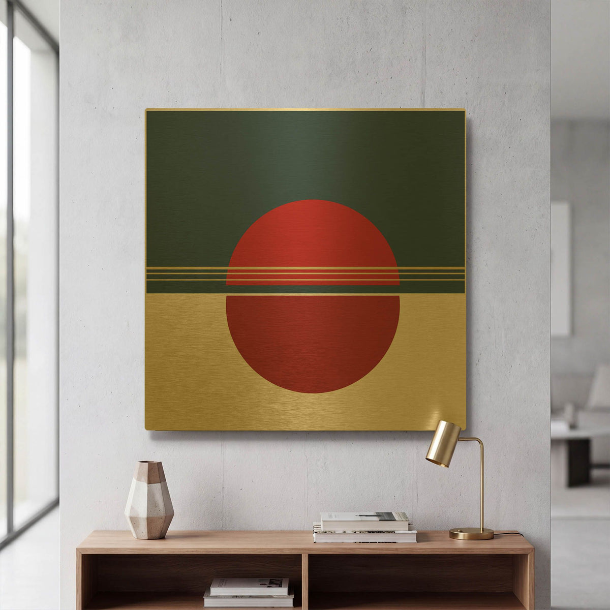 'Red Circle Sunset' By Sabrina Balbuena Gold Metal Wall Art