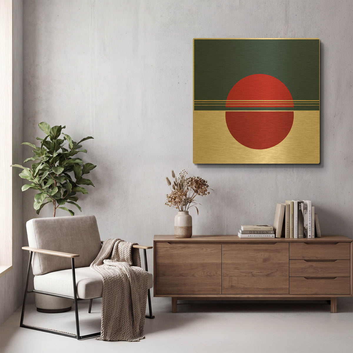 'Red Circle Sunset' By Sabrina Balbuena Gold Metal Wall Art