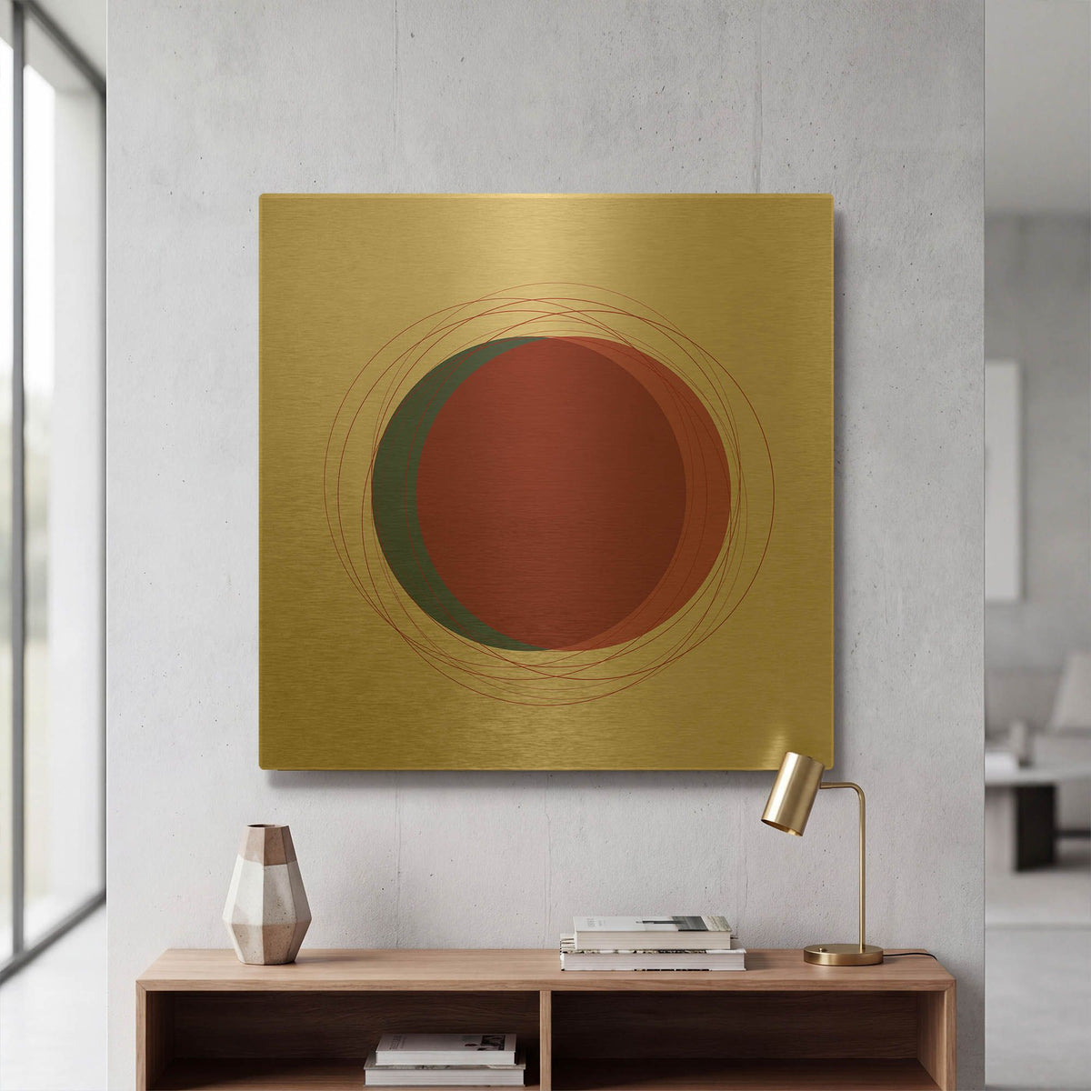'Red And Blue Circles-Eclipse' By Sabrina Balbuena Gold Metal Wall Art
