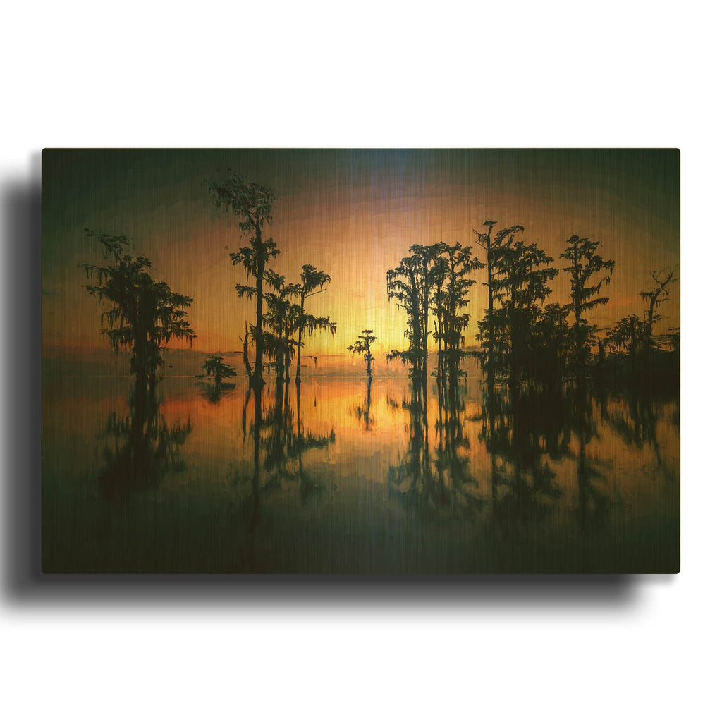 'Dawn on Lake Maurepas Oil Painting' By Rick Berk Gold Metal Wall Art