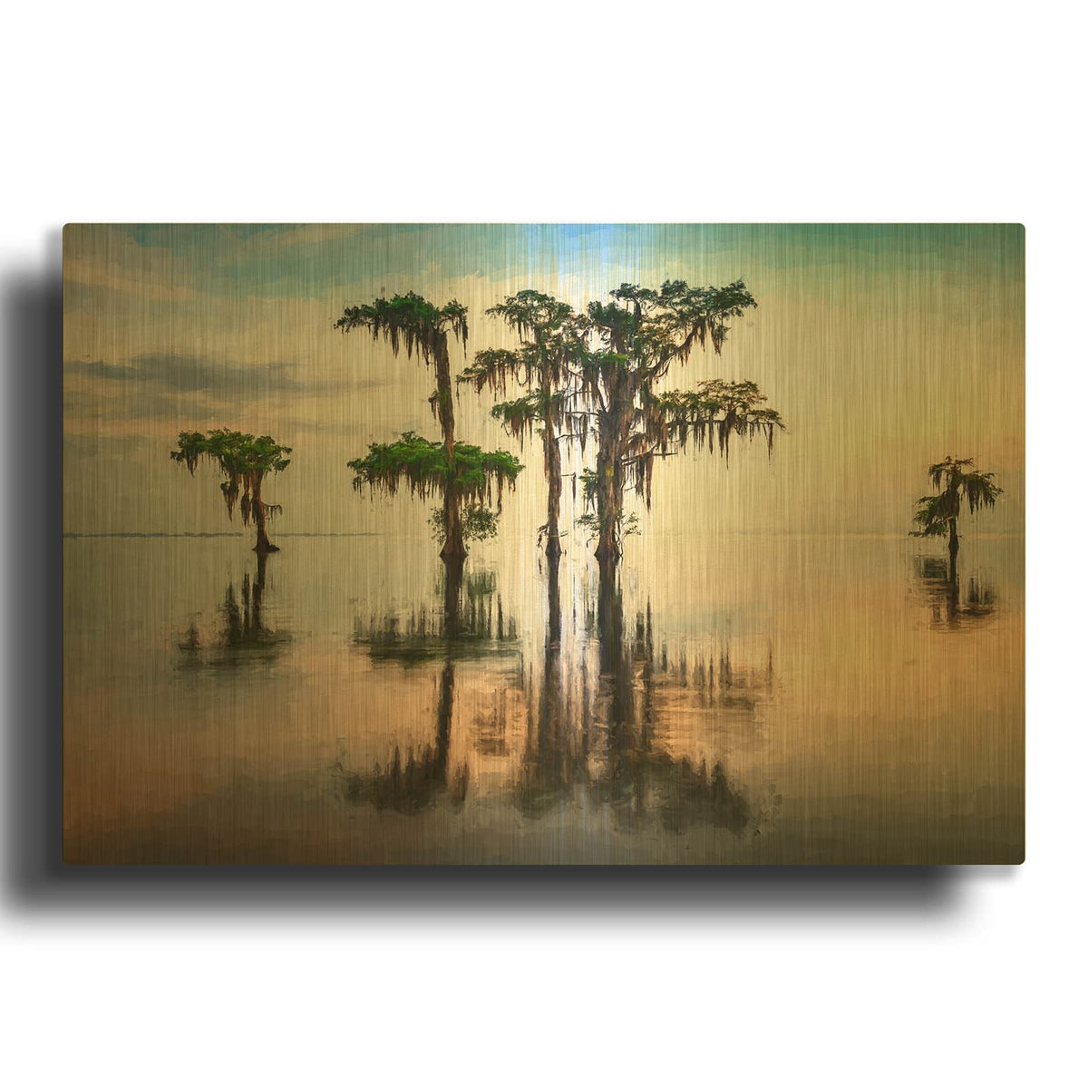 'Lake Maurepas Reflection Oil Painting' By Rick Berk Gold Metal Wall Art
