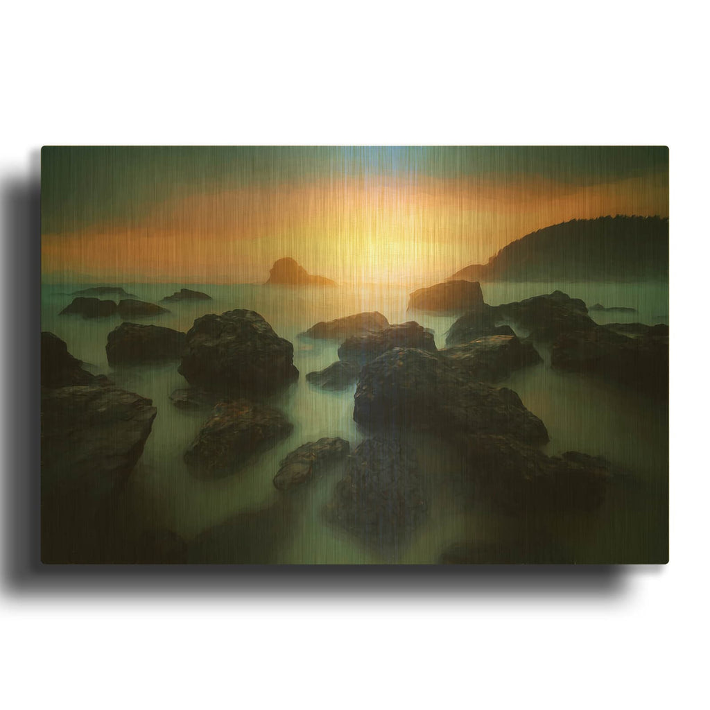 'Misty Sunset on Indian Beach Oil Painting' By Rick Berk Gold Metal Wall Art