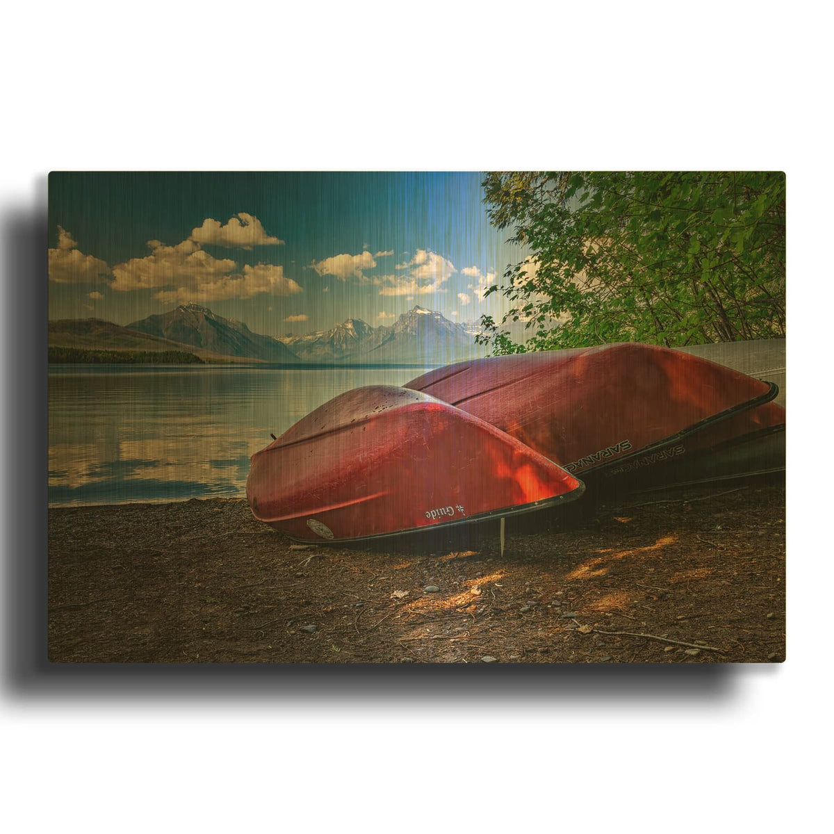 'Red Canoes on Lake McDonald' By Rick Berk Gold Metal Wall Art