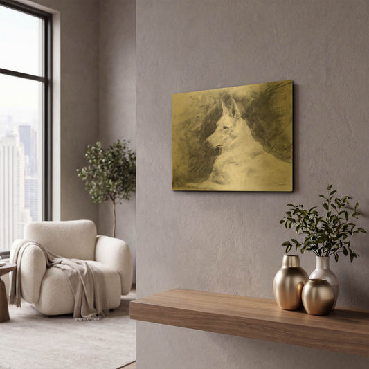 'White Shepherd in Grey' By Robert Campbell Gold Metal Wall Art