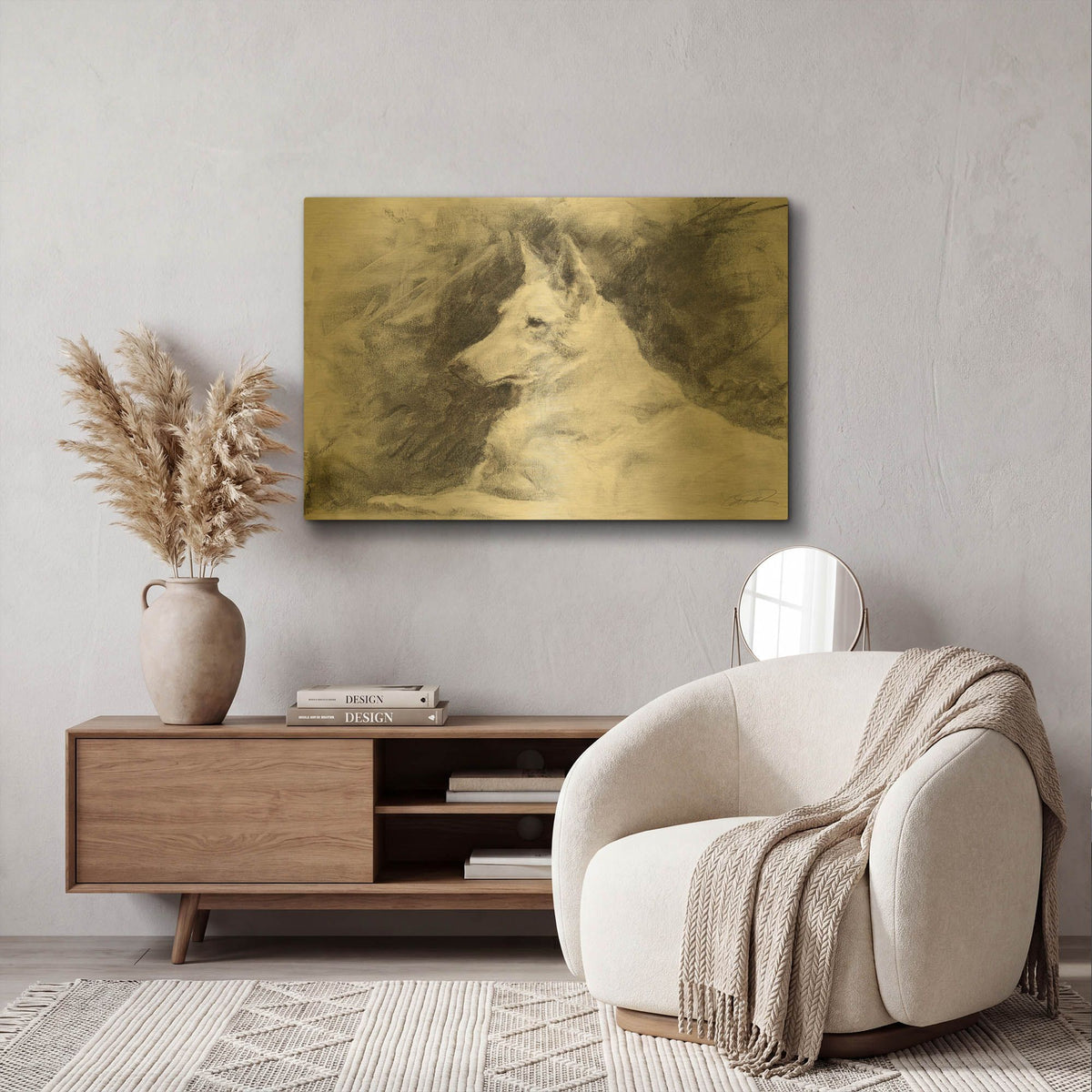 'White Shepherd in Grey' By Robert Campbell Gold Metal Wall Art
