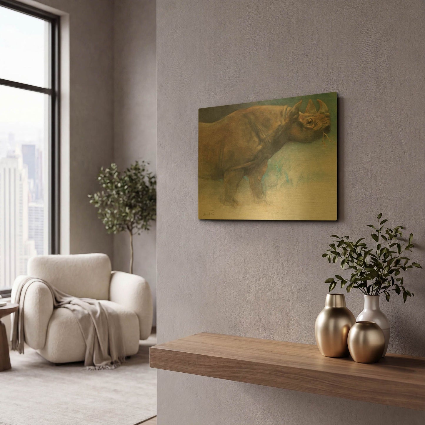 'The Guardian Rhino' By Robert Campbell Gold Metal Wall Art