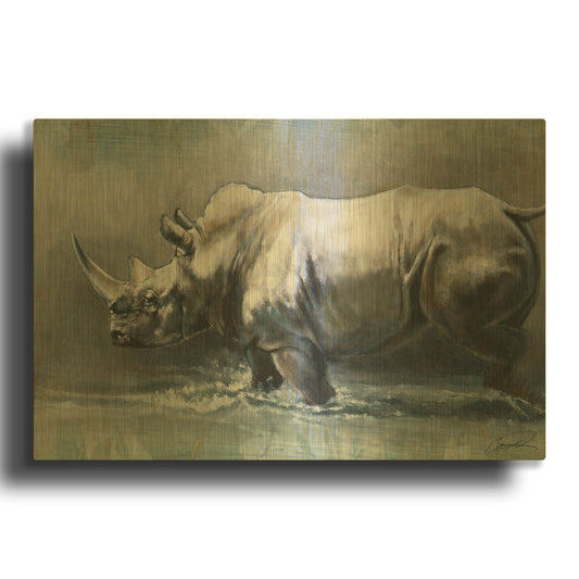 'The Pedestrian Rhino' By Robert Campbell Gold Metal Wall Art