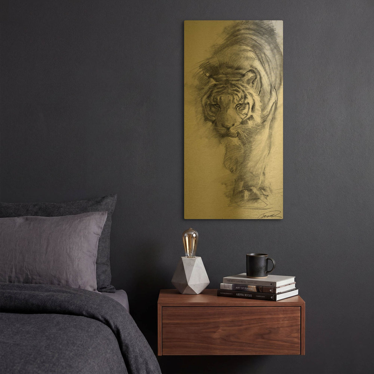 'Tiger approaching sketch' By Robert Campbell Gold Metal Wall Art