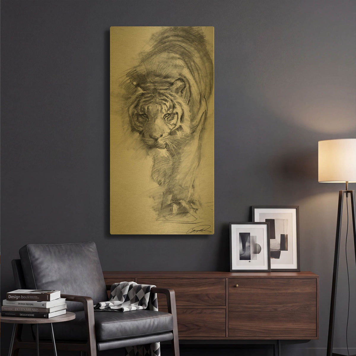 'Tiger approaching sketch' By Robert Campbell Gold Metal Wall Art