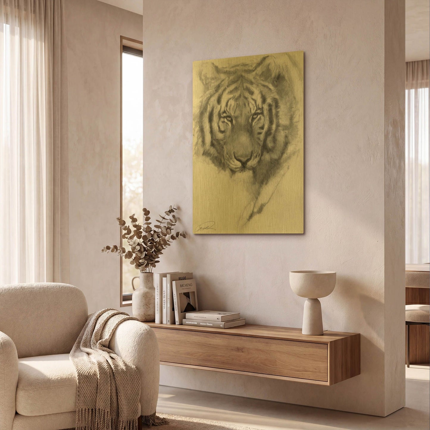 'Tiger Portrait sketch' By Robert Campbell Gold Metal Wall Art
