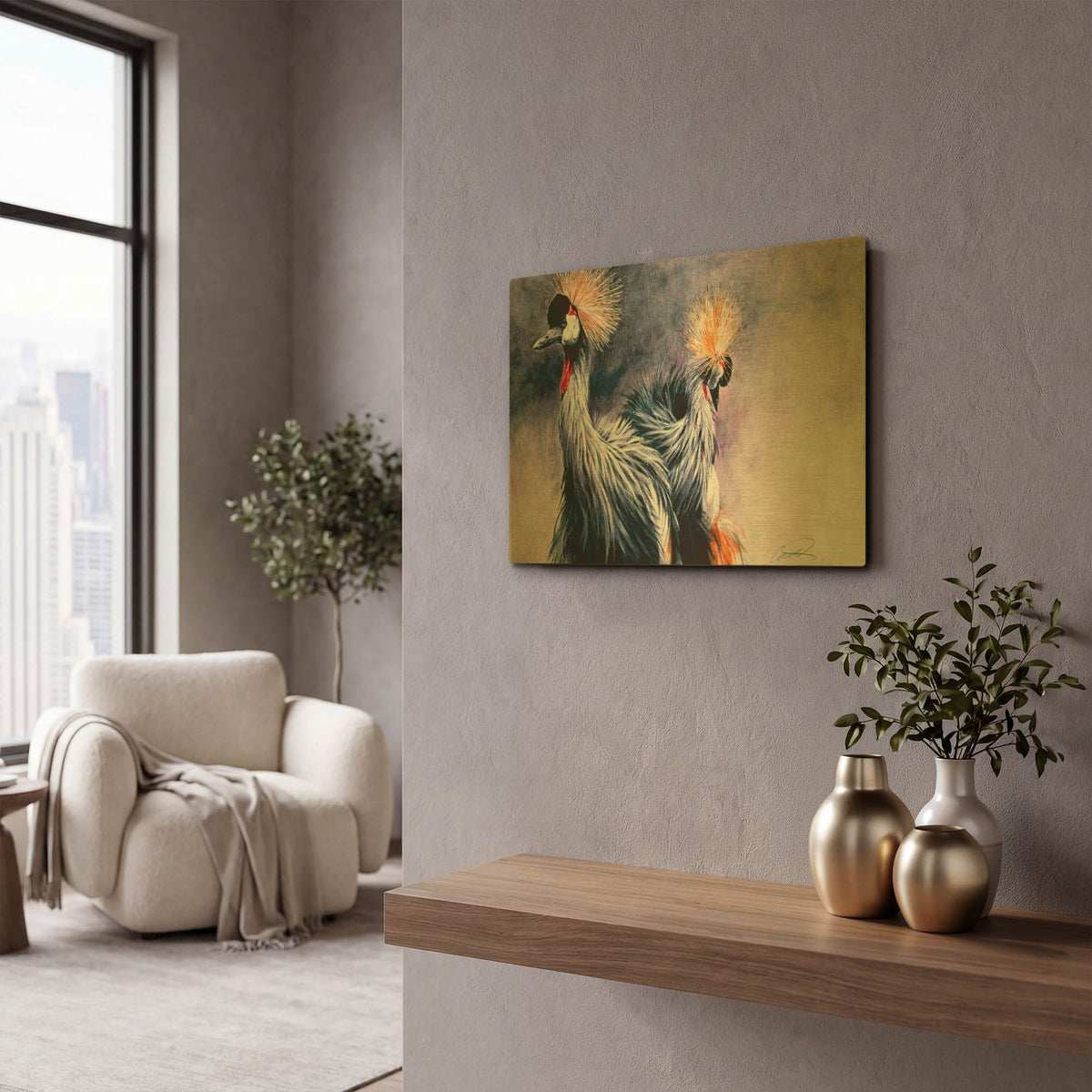 'Crowned Cranes' By Robert Campbell Gold Metal Wall Art