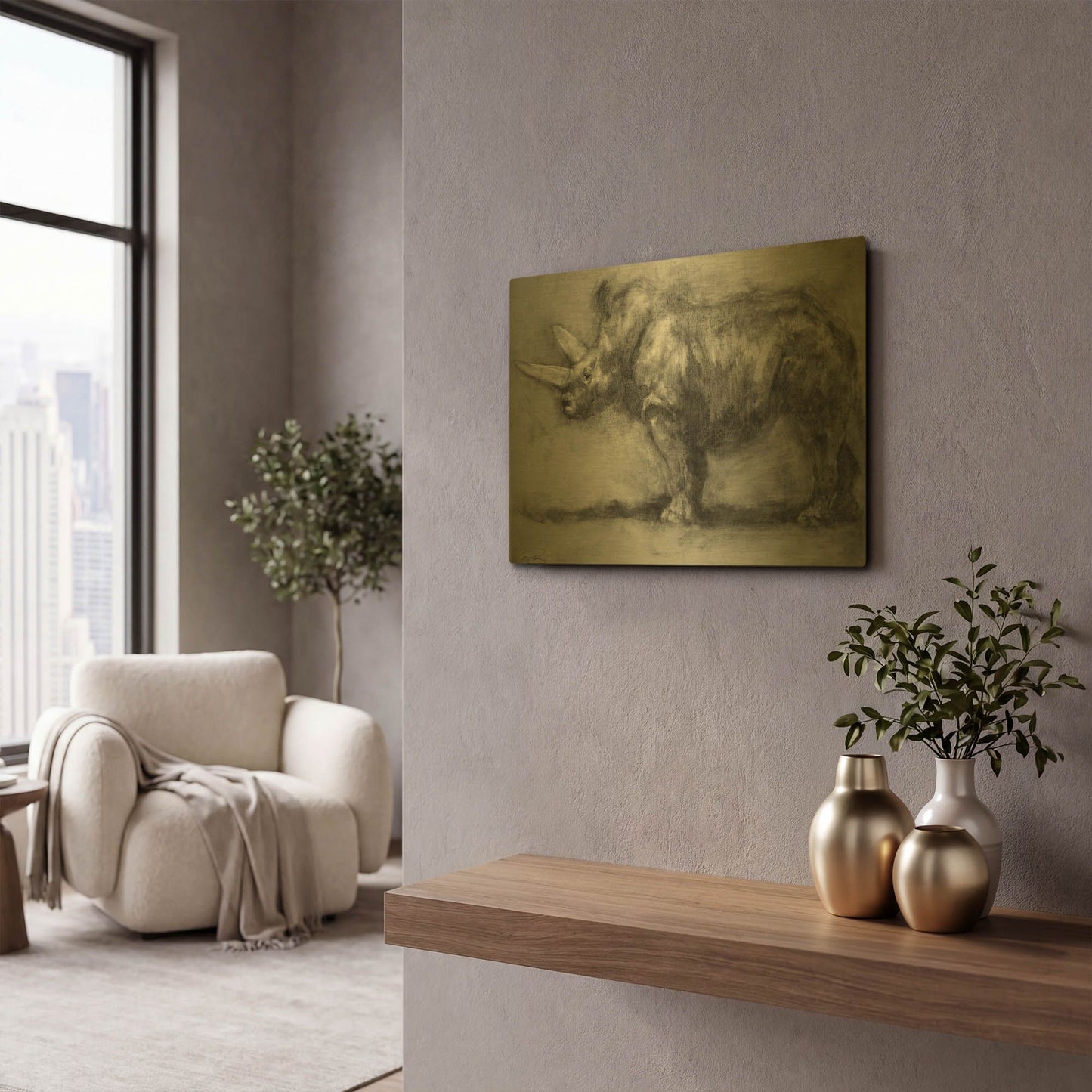 'Security Guard Rhino' By Robert Campbell Gold Metal Wall Art