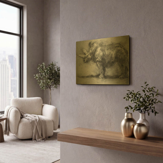 'Security Guard Rhino' By Robert Campbell Gold Metal Wall Art