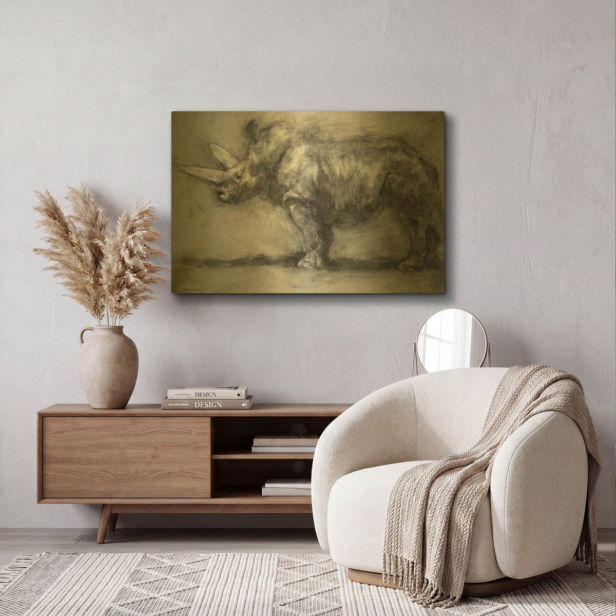 'Security Guard Rhino' By Robert Campbell Gold Metal Wall Art