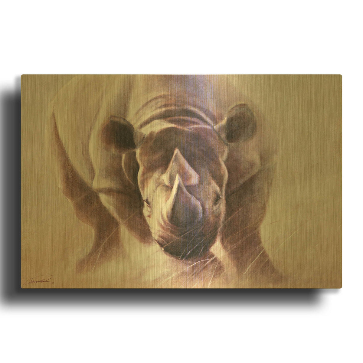 'Full Speed Ahead Rhino' By Robert Campbell Gold Metal Wall Art