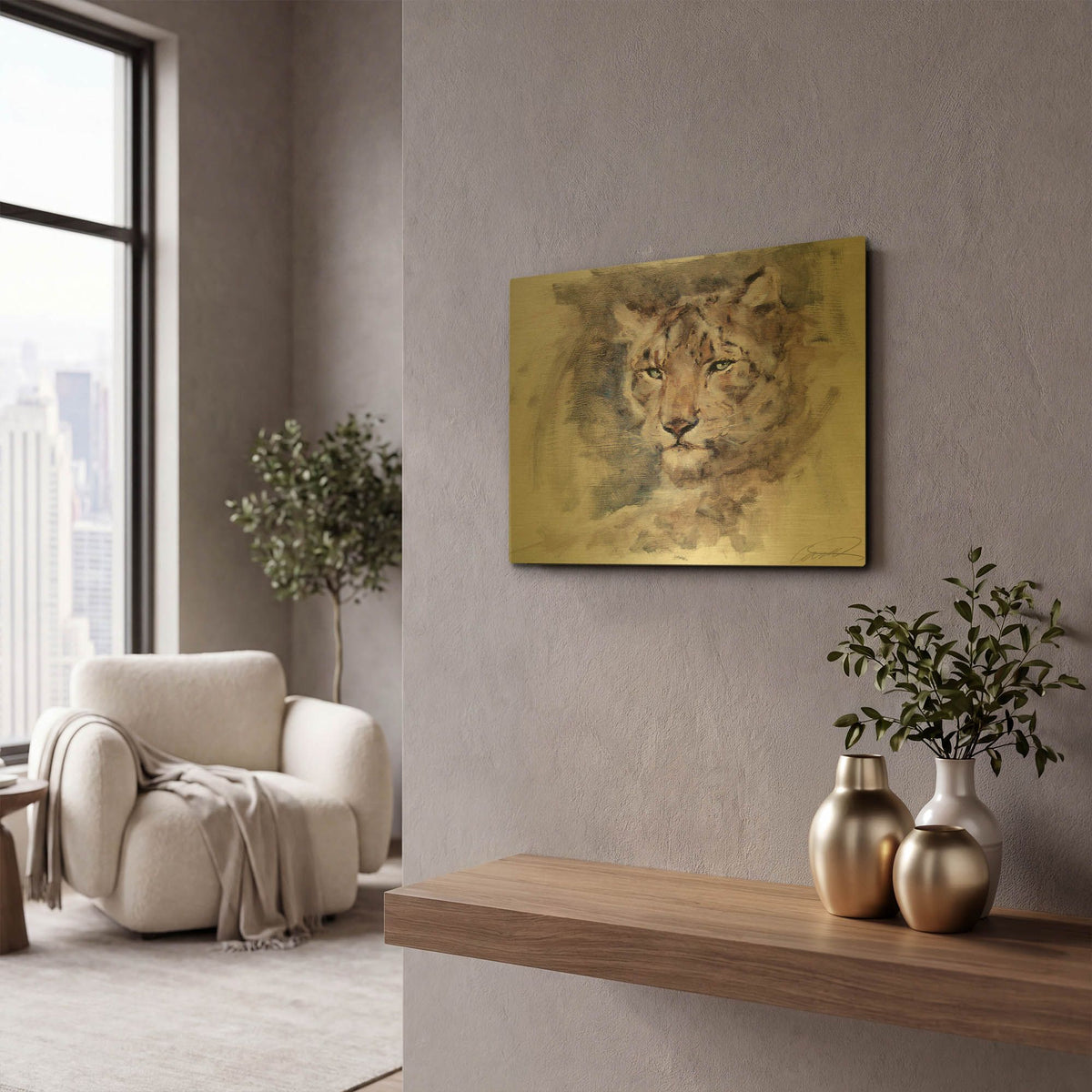 'Snow Leopard Stare' By Robert Campbell Gold Metal Wall Art