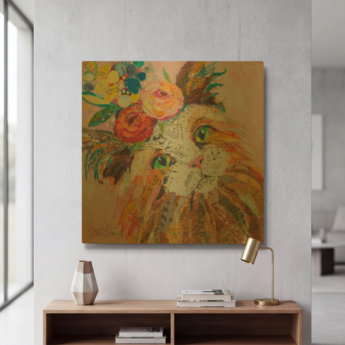 'Floral Cat' By St. Hilaire Elizabeth Gold Metal Wall Art