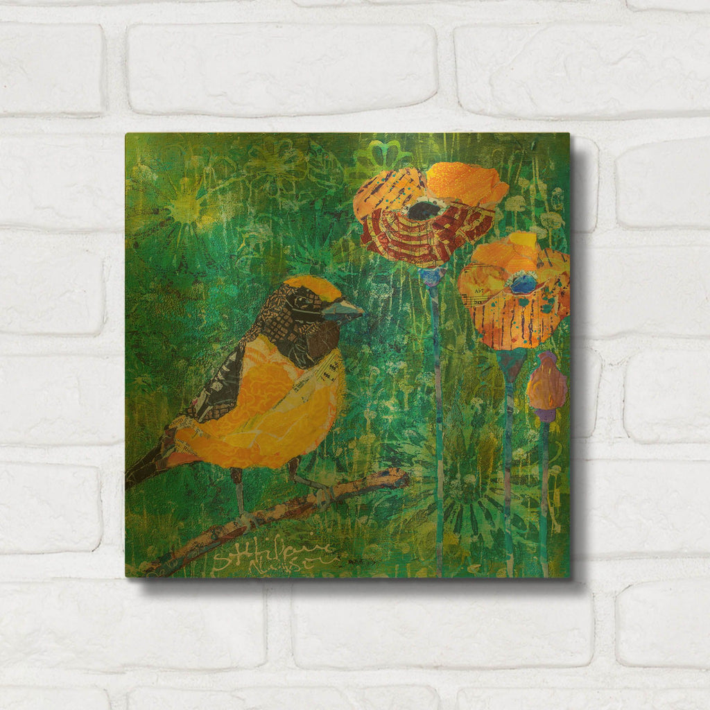 'Finch with Purple Stem Poppies' By St. Hilaire Elizabeth Gold Metal Wall Art