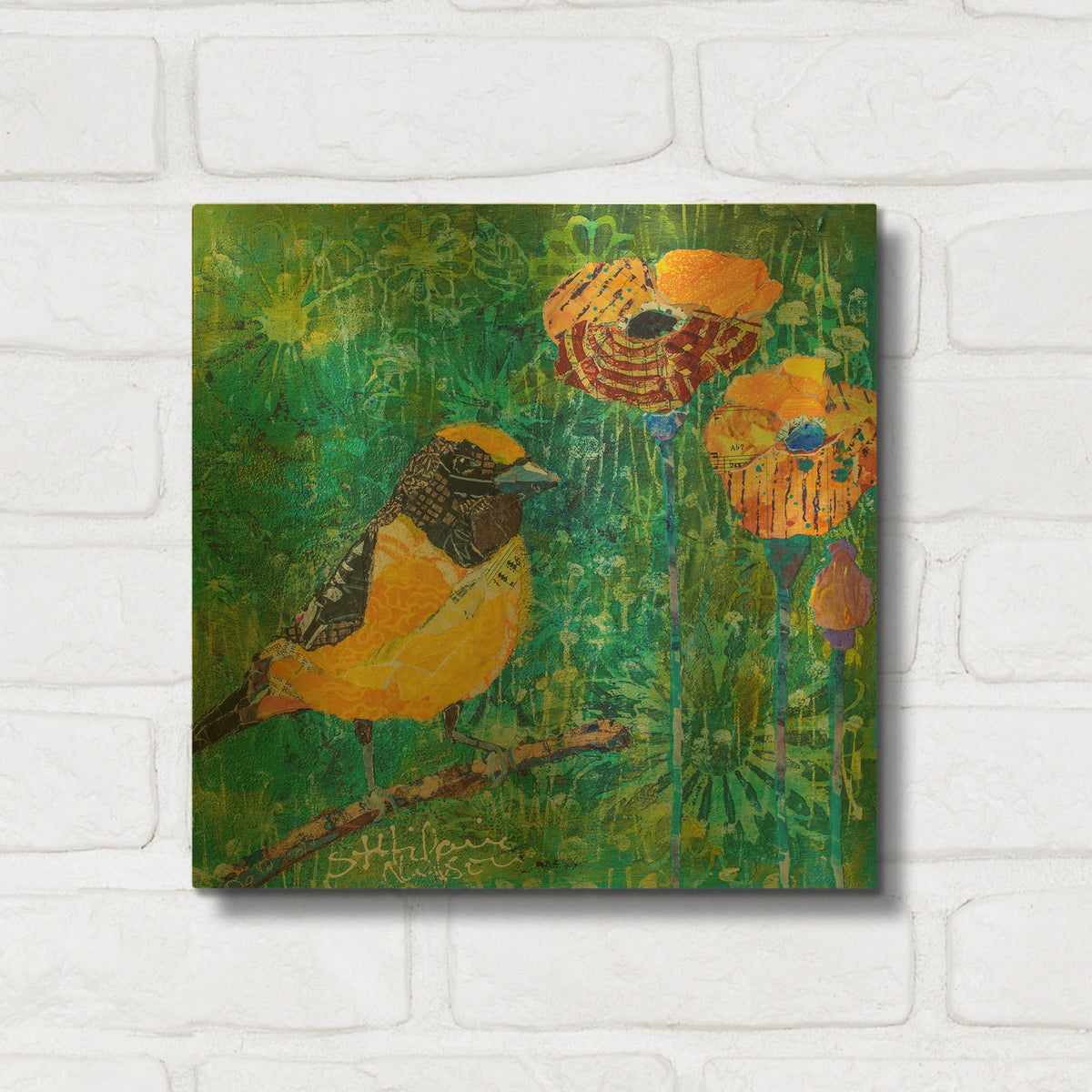 'Finch with Purple Stem Poppies' By St. Hilaire Elizabeth Gold Metal Wall Art