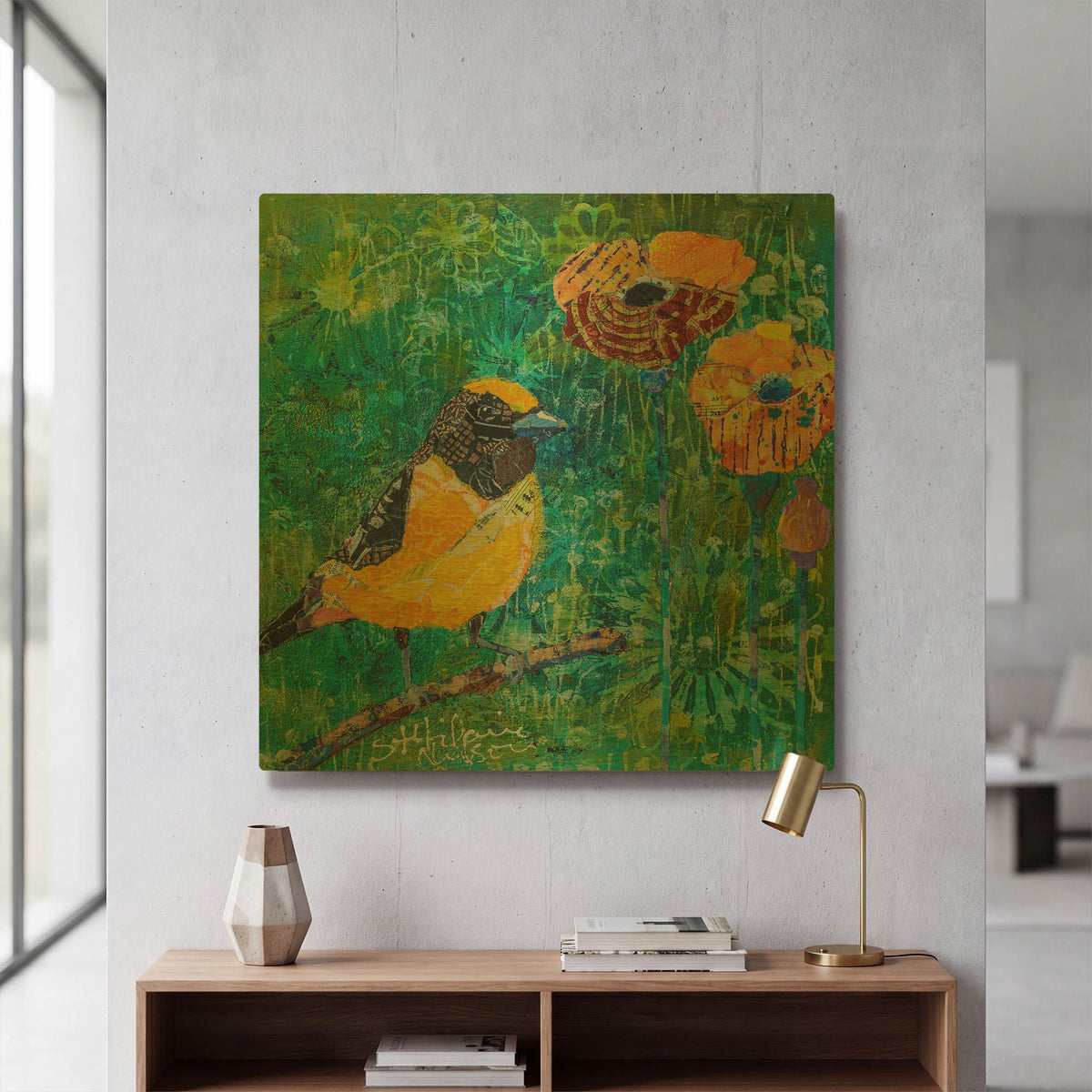 'Finch with Purple Stem Poppies' By St. Hilaire Elizabeth Gold Metal Wall Art
